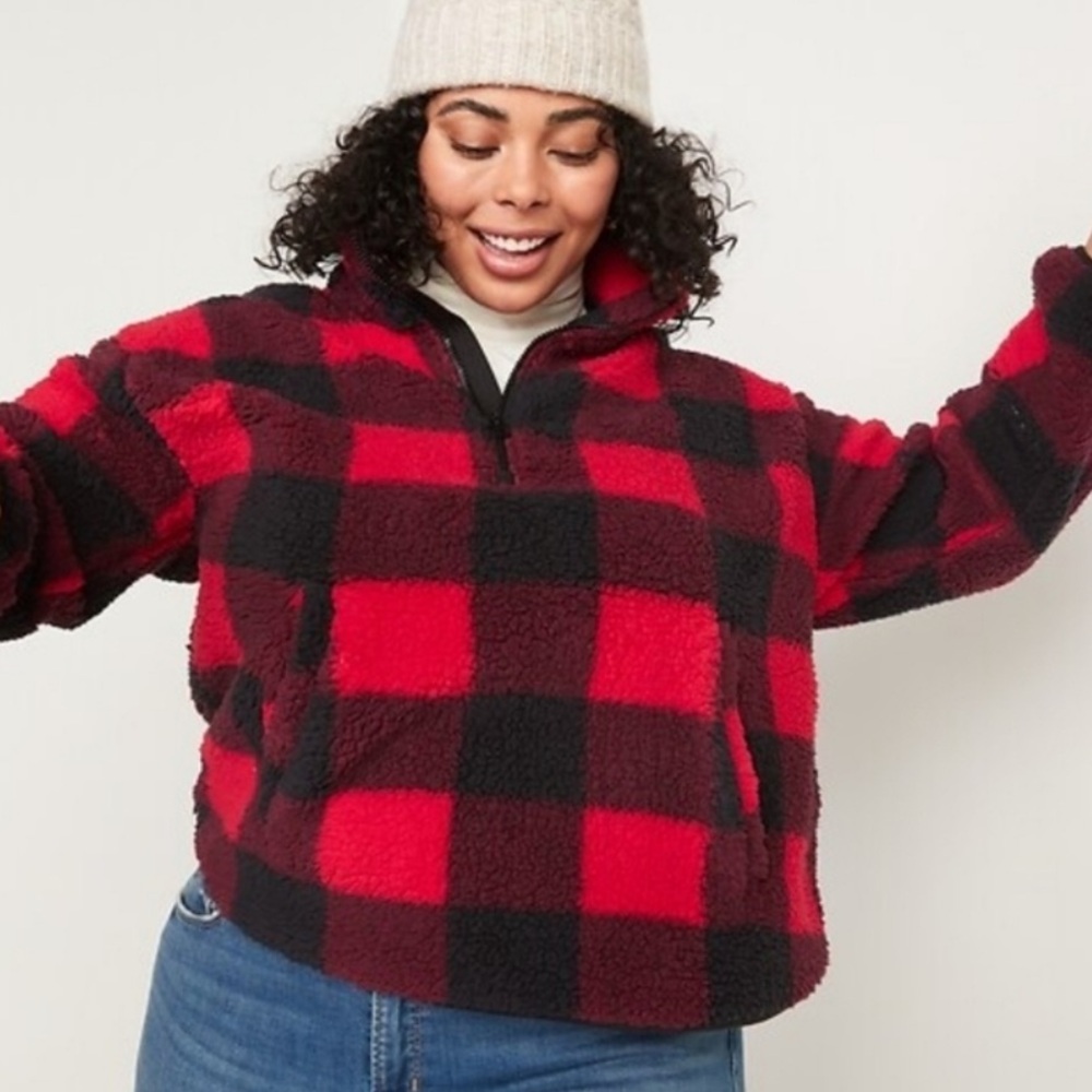 Old Navy Red Black Plaid 1/4 Zip Sherpa Pullover